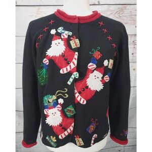 Ugly Christmas Sweater Black V-Neck with Santa and Gifts